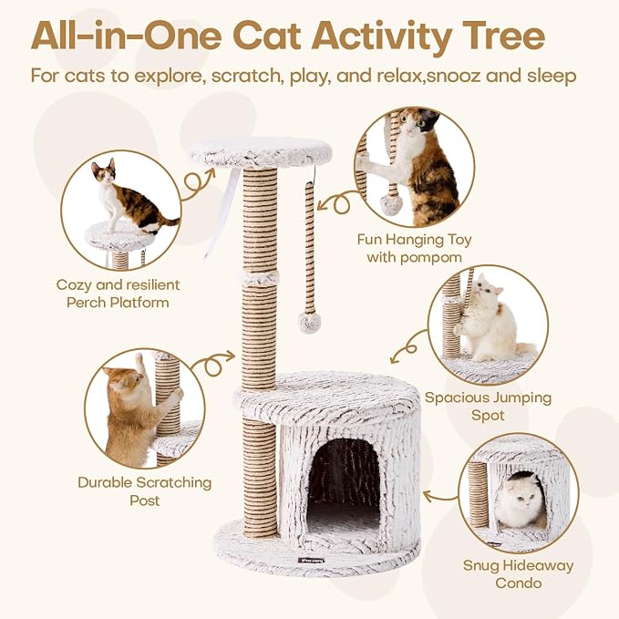 Cat Tree Tower, Multi-Level Cat Tower Condo with Spacious Elevated Perch, Scratching Post, Cozy Cave, Dangling Toy Ball, Durable Pet House Furniture for Indoor Kittens.