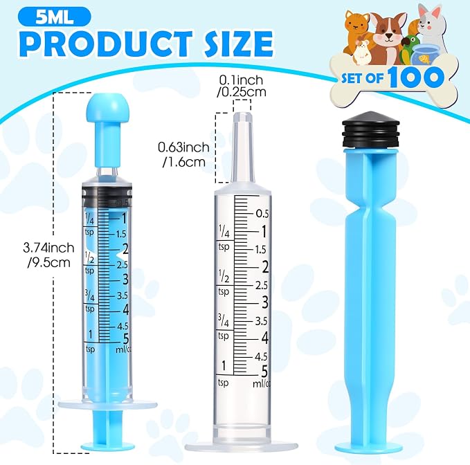 TrelaCo 100 Pack 5ml Syringes with Caps, Colored Plastic Measuring Syringe for Liquid, Pet Feeding, DIY, Party, Craft, Individually Sealed and Wrapped(Blue)