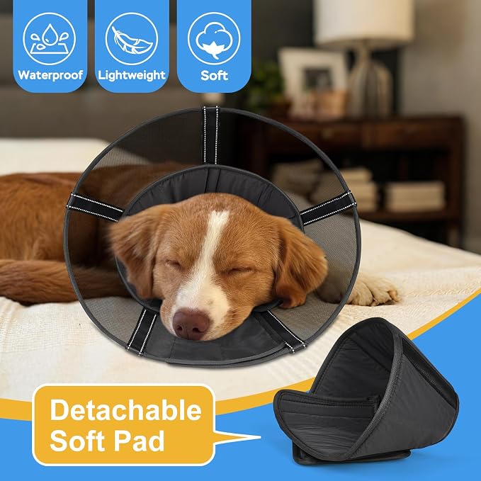 Dog Cone Collar to Stop Licking: Soft Mesh Recovery Collar After Surgery with Detachable Pad, Elizabeth Cone Alternative for Large Medium, Small Dogs, Normal Eating and Drinking,L,Matte Black