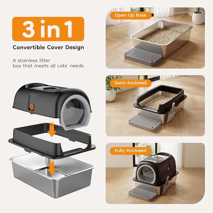 Extra Large Cat Litter Box with Lid, Stainless Steel Litter Box for Big Cats, Enclosed High Sided Kitty Pan with Scoop & Mat, Front & Top Entry with Door, Black