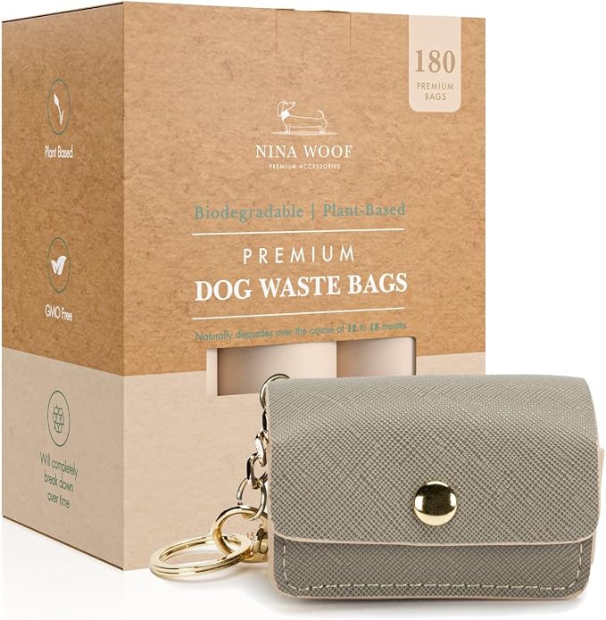 NINA WOOF Dog Poop Bags - 180 Compostable & Biodegradable with Leather Poop Bag Holder - (Grey) Bundle - Versatile Vegan Leather Waste Bag Holder for Dog Poop and Dog Waste Bags for Puppy Walks