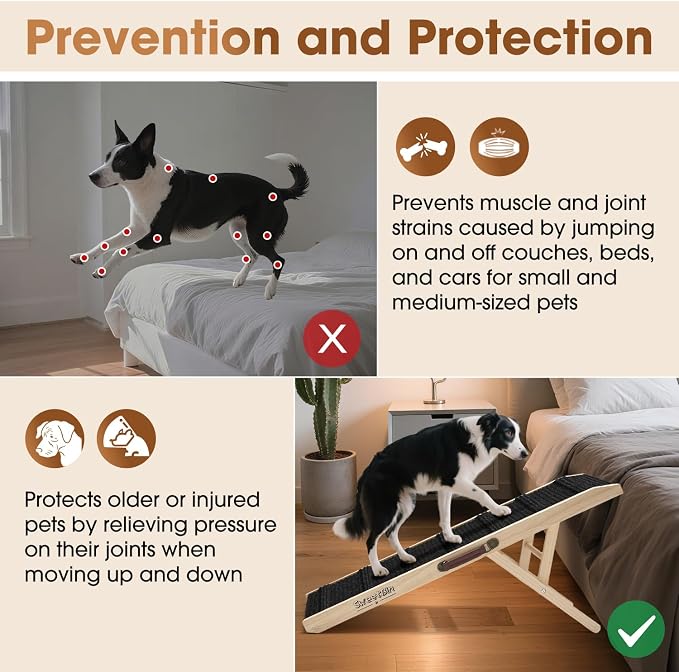 Dog Ramp for Bed - Foldable Small Medium Dog Ramp for Couch - 6 Adjustable Height from 13" to 22" - Stairs with High Traction Mat& Platform - Wooden Ramp for Dogs to Get on Bed Couch Car Up to 110LB
