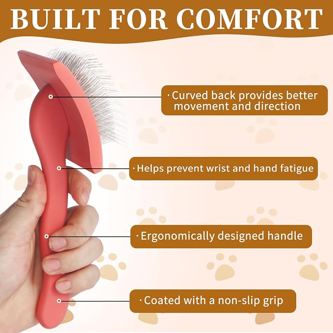 Ergonomic Slicker Brush for Dogs - Deshedding Tool for Thick Undercoat, Grooming Brush for Large Dogs (Samoyed), Easy-Clean, Red Large