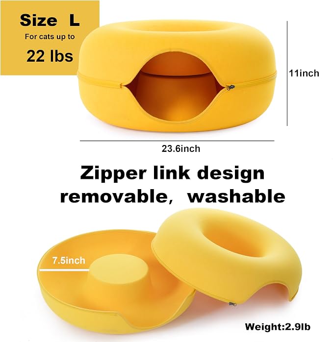 Large Cat Tunnel Bed for Indoor Cats with 3 Toys, Scratch Resistant Donut Cat Bed, Up to 30 Lbs (L 24x24x11, Yellow)