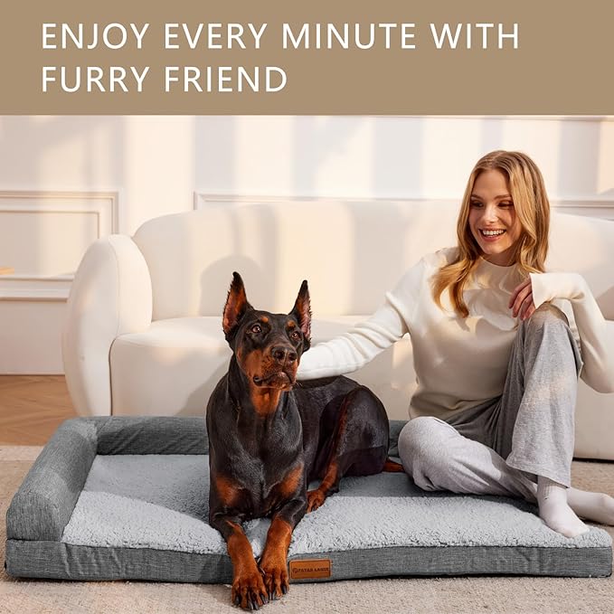Patas Lague Orthopedic XL Dog Bed Large Sized Dog 42''X28'', Waterproof L Bolster Big Large Pet Sofa Beds with Removable Washable Cover, Soft Pet Couch Crate Mat with Nonskid Bottom, Grey