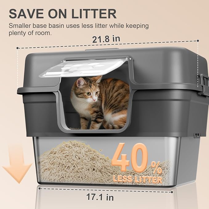 2PACK Stainless Steel Litter Box with Lid, XL Extra Large Litter Box for Big Cats, Enclosed Metal Litterbox High Sided, Easy Cleaning Anti-Urine Leakage, Mat & Filter Pedal & Scoop, Dark Grey