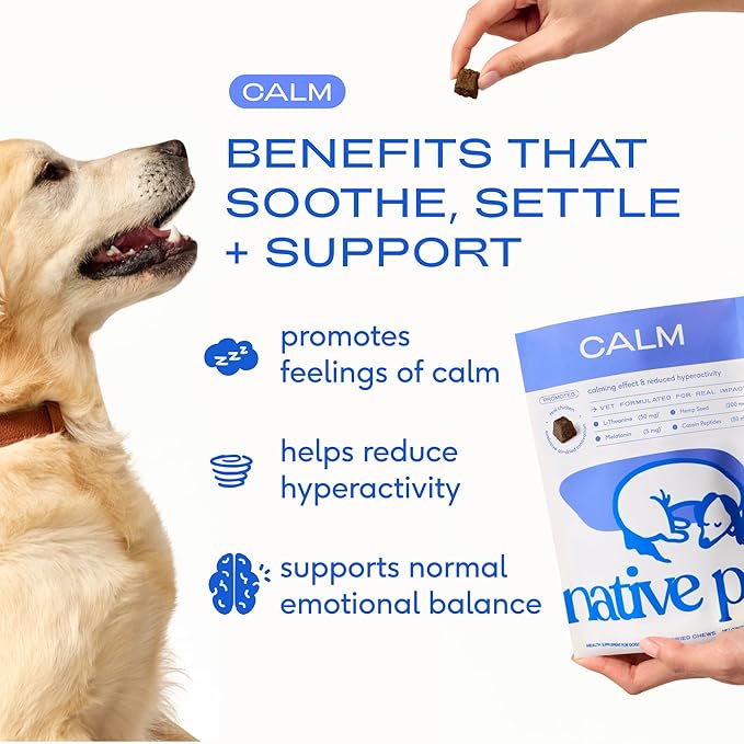 Native Pet Calming Chews for Dogs - Promotes Calming Effect, Supports Emotional Balance & Reduces Hyperactivity - Hemp Seed, Melatonin for Dogs, L-Theanine & Casein - Air-Dried 90 Chews