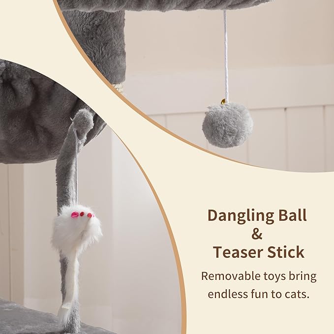 Heybly Cat Tree with Toy, Cat Tower condo for Indoor Cats, Cat House with Padded Plush Perch, Cozy Hammock and Sisal Scratching Posts, Light Gray HCT004SW