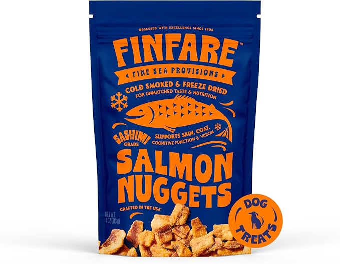 Finfare Freeze Dried Salmon Dog Treats, Protein & Omega-3s, Grain Free Salmon Dog Training Treats, Crafted in USA, Nuggets - 4oz
