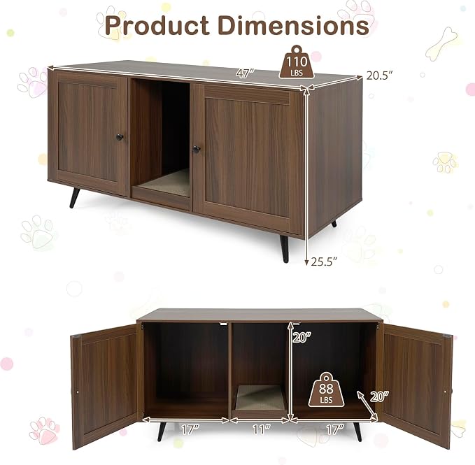 Tangkula Double Cat Litter Box Enclosure for 2 Cats, Large Stackable Hidden Privacy Cat Washroom Cabinet with Scratching Board, Indoor Cat House TV Stand Side Table, Litter Box Furniture (Brown)