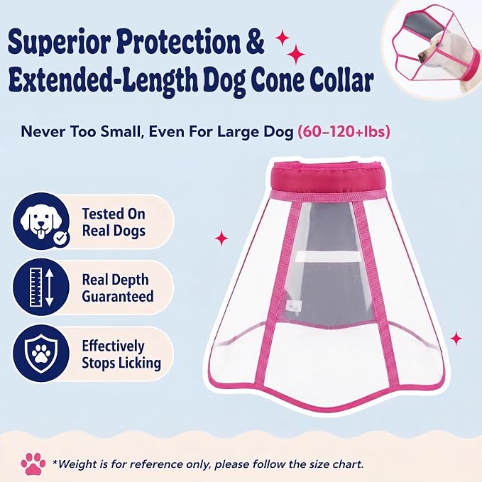 Soft Neck Pad - Hard Plastic Dog Surgery Recovery Cone Collar for Large Dogs, Clear Vision Cone for Dogs to Stop Licking, Comfy Dog Head Cones, Extra Long Elizabethan Collar for Labrador, Rosered, L