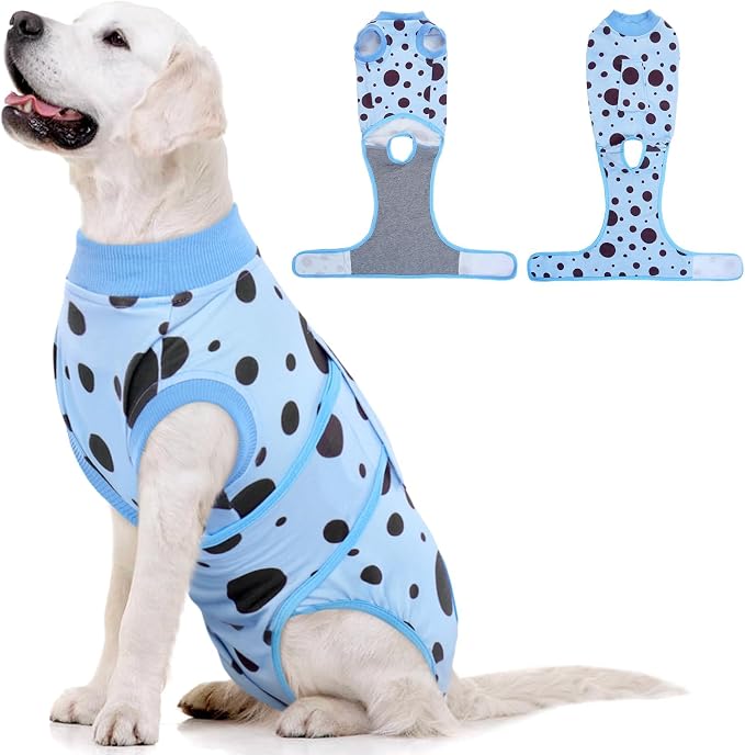 Kuoser Dog Surgery Suit, Soft Dog Spay Recovery Suit Female, Anti Licking Neuter Recovery Suit for Male Dogs, Post-Op Pet Surgical Suit Protective Wear E-Collar & Cone Alternative,Blue Polka Dots XL