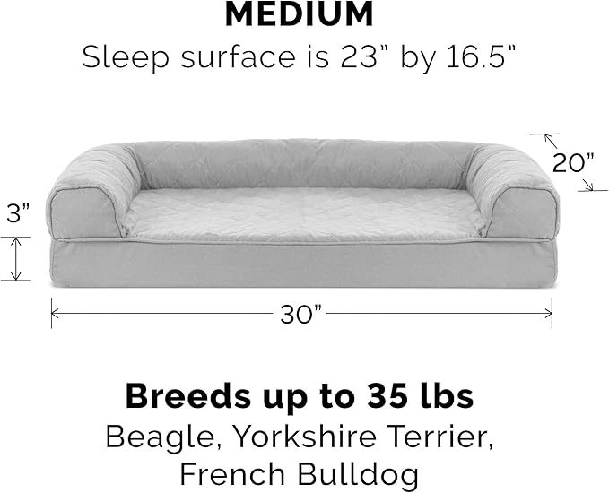 Furhaven Memory Foam Dog Bed for Medium/Small Dogs w/ Removable Bolsters & Washable Cover, For Dogs Up to 35 lbs - Quilted Sofa - Silver Gray, Medium