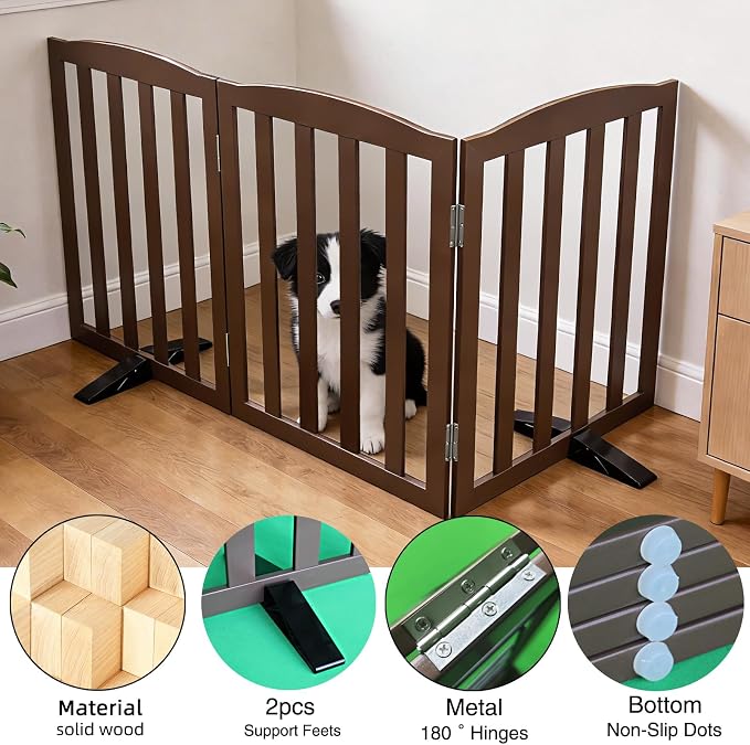 ZJSF Foldable Freestanding Indoor Dog Gate for House Wood Long Pet Gates Dog Fence for Stairs Puppy Gates for Hallways, Puppy Gate,Support Feet Included, Brown, 32 "Height-3 Panels