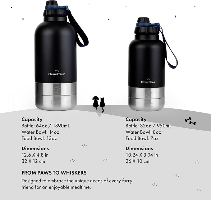 GrandTies Insulated Portable Water Bottle with 2 Detachable Dog Bowl Dispenser | Leak-Proof Food Travel Container | Walking, Hiking, Camping Accessory (64oz, Matte Black)