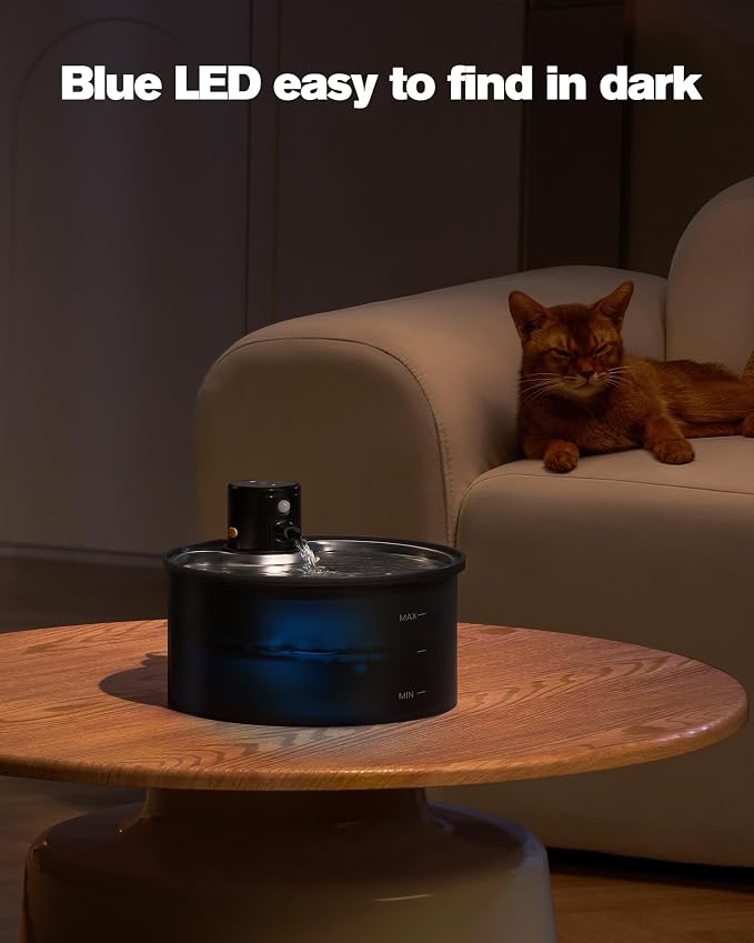 Wireless Cat Water Fountain Cordless | 108oz/3.2L Battery Operated Pet Fountain with Stainless Steel Water Tray + Plastic barrel (with 8 Filters & 8 Sponges)