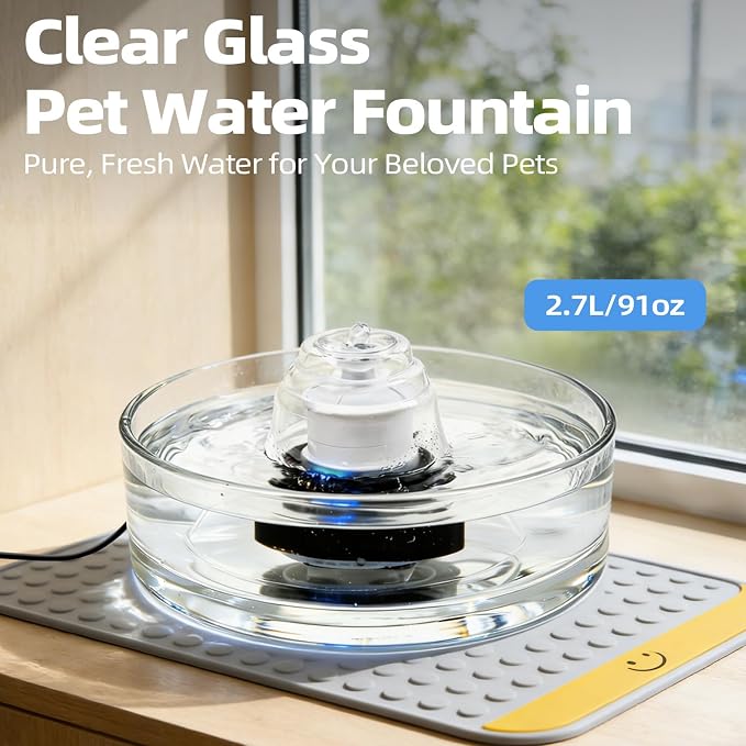 Glass Cat and Dog Water Fountain 90oz/2.7L, Automatic Pet Water Dispenser with Quiet Pump