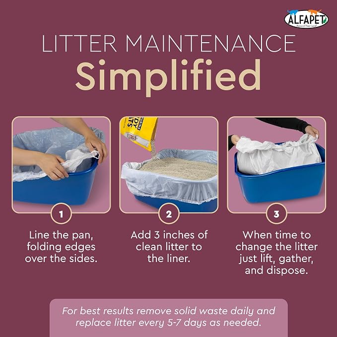 Alfapet Cat Litter Box Liners Large 12 Count - Tear-Resistant Cat Litter Bags - Waterproof Kitty Litter Liners - Fits Litterbox Pan Sizes Medium and Large, 31" x 17", 20 lb Capacity