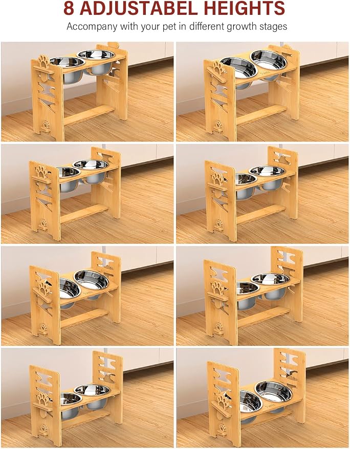 Vantic Elevated Dog Bowls, Adjustable Raised Dog Bowl Stand for Large and XLarge Pet, Sturdy Bamboo Food Feeder with 2 Stainless Steel Dishes, Natural