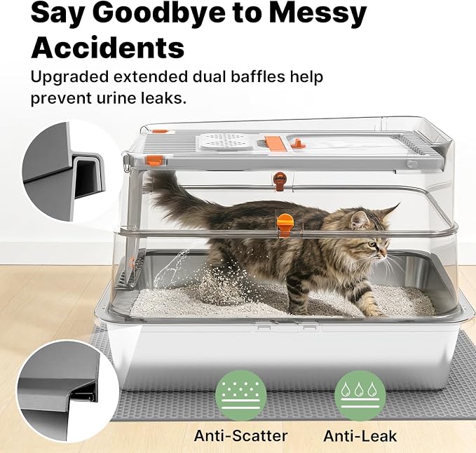Stainless Steel Litter Box with Flip Lid, XL Extra Large Cat Litter Box with High Sided Top Entry Design, Anti-Leakage Enclosed Metal Litterbox for Big Cats, with Handle, Mat, Pedal & Scoop Light Grey