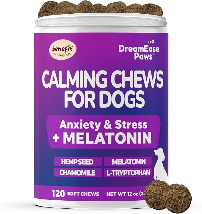 Calming Chews for Dogs - Dog Calming Chews for Separation, Dog Anxiety Relief Treats, Dog Sleep Support - Chamomile, and Melatonin for Dogs - 120 Soft Chews, Made in USA