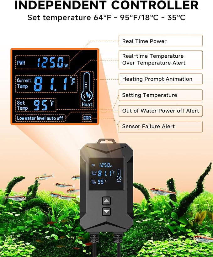 AQQA Aquarium Heater 800W/1000W/1200W/1400W Fish Tank Heater with LED Digital Display 110-120V Submersible No Pond Heaters with Overheat & Dry-Out Protection for Freshwater & Saltwater Tanks (800W)