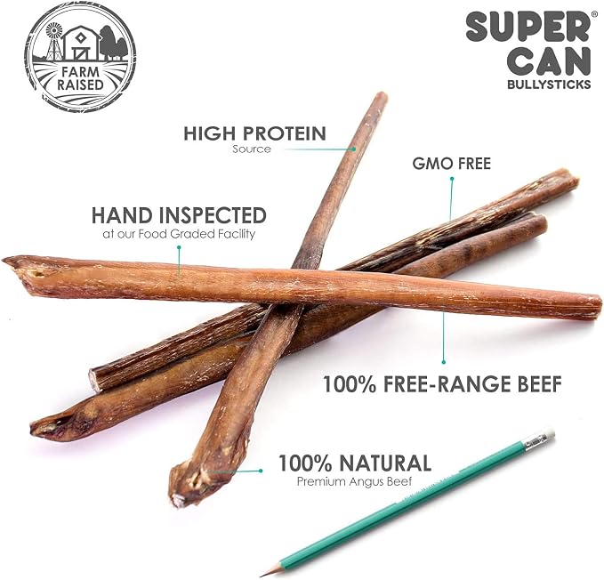 Bully Sticks for Large Dogs and Feroucious Chewers All Natural Dog Chews, Free Range Grass Fed Beef Sticks Treats. (12" Standard (8-Pack))