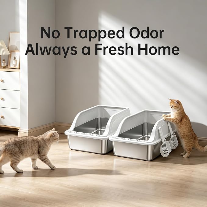 Stainless Steel XL Cat Litter Box for Cats, High-Sided Design Prevents Urine Leakage, Non-Stick, Easy to Clean, Includes Scoop, Gray XL 2 Pack