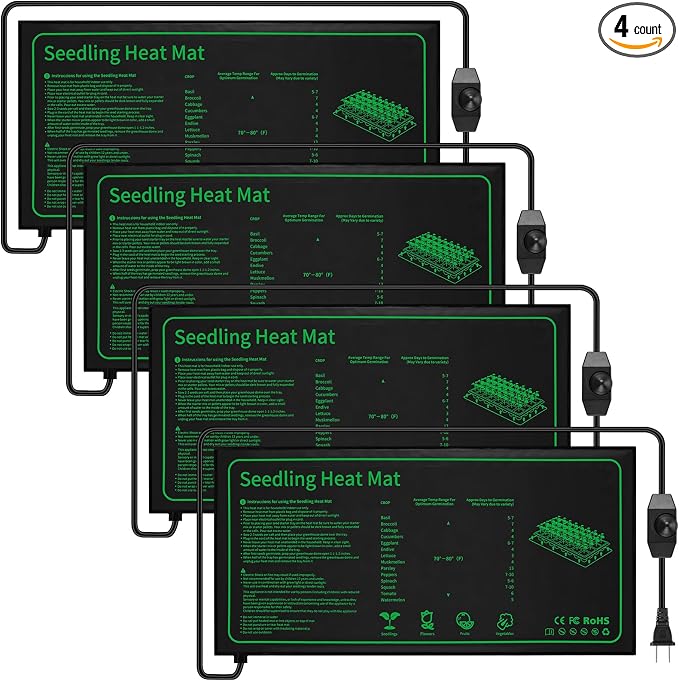 Ganeen 4 Pack Seedling Heat Mat for Seed Starting with Temperature Adjustable Knob 10" x 20" Waterproof Heating Pad for Plant Hydroponic Heating Pad Durable Germination Warm Mat for Indoor Home Garden