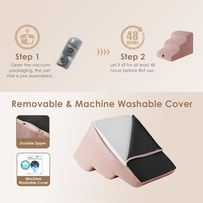 EHEYCIGA Curved Dog Stairs Ramp for Small Dogs 15.7" H, 3-Step Dog Steps for Couch Sofa and Chair, Pet Stairs for Cats, Non-Slip Balanced Pet Steps Indoor, Dusty Pink