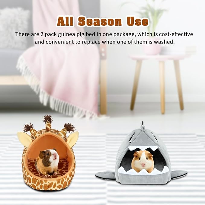 YUEPET Guinea Pig Bed 2 Pack, Washable Guinea Pig Cage Accessories Small Animal Bed Hideout for Guinea Pigs Chinchillas Hamsters Hedgehogs (Shark and Giraffe)