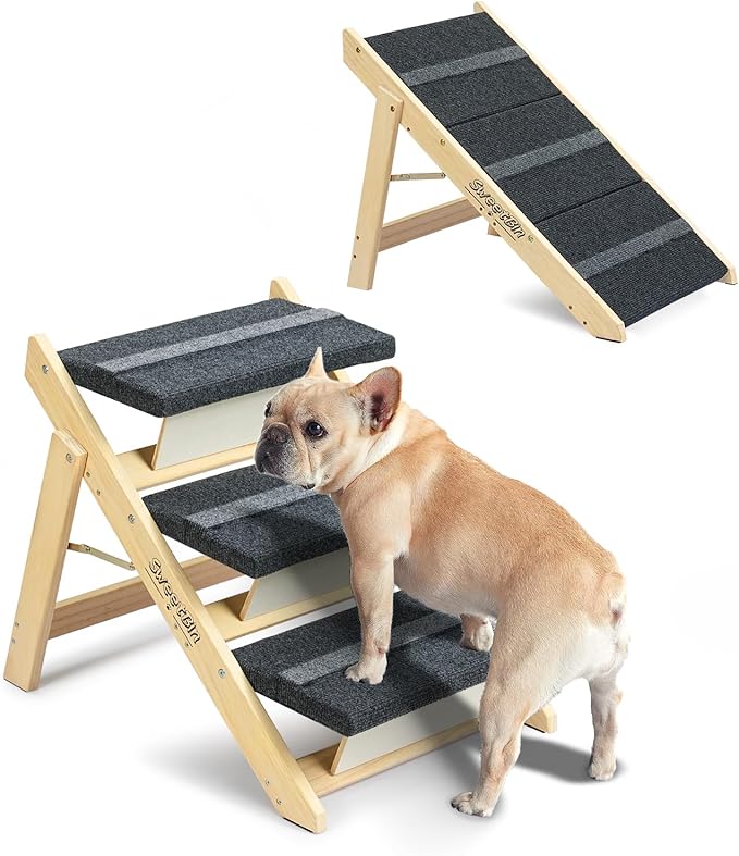 Wooden Dog Stairs& Dog Steps, 2-in-1 Foldable Dog Steps for Beds, Couch and Cars, Anti-Slip Pet Ramp with 3 Steps Indoor Pet Stairs for Small Medium Large Older Pet Cats up to 120lbs