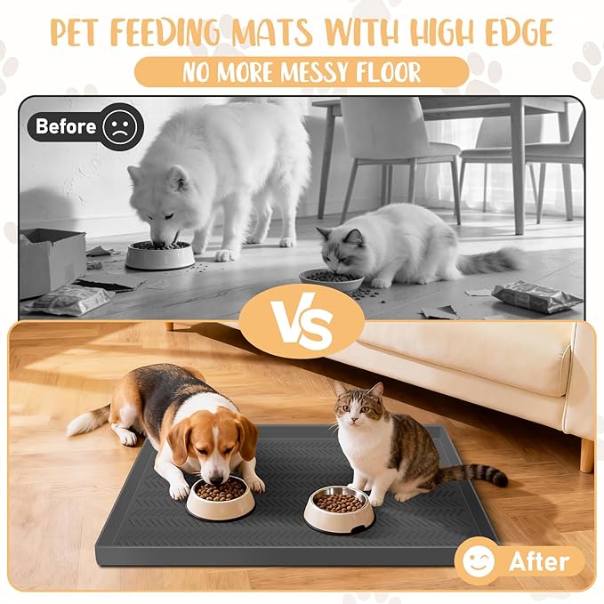 30”x 16” Silicone Dog Feeding Mat, Kalolary Waterproof Pet Feeding Mat with High Raised Edge Avoid Spill Out, Nonslip Dog Bowl Placemats Cat Feeding Mats for Floors Easy to Clean, Grey