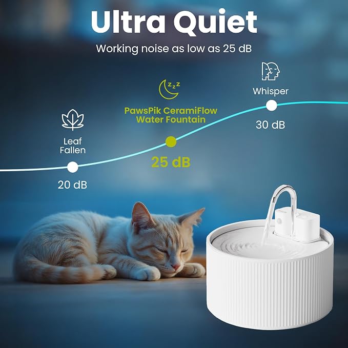 PawsPik CeramiFlow Cat Water Fountain, Ceramic Automatic Cat Fountain with Motion Sensor, Cordless Rechargeable Pet Fountain, 9 Cup Indoor Cat Fountain, Multi-Layer Filtration, Dishwasher Safe, White