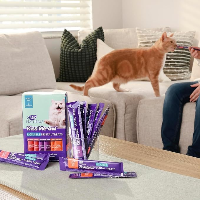 Ark Naturals Kiss Me-Ow Lickable Cat Dental Treats Variety Pack - Promotes Hydration, Dental & Overall Health - Chicken, Tuna & Salmon Flavors (2pk)
