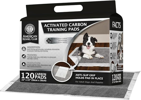 American Kennel Club Charcoal Puppy Training Pads, with Anti-Slip Adhesive Backing, Quick Dry Gel and Activated Carbon Odor Control (Charcoal, 22 x 22 - 120 Count)