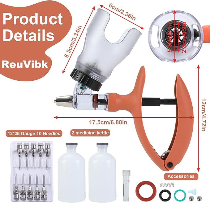 5ML Livestock Syringe, Automatic Self Refill Syringes Continuous Repeating Adjustable Bottle Attachment Livestock Animal Injection Gun with 10 Needles, for Chicken, Duck, Pig, Sheep, Cow Poultry