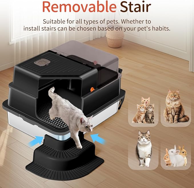 XXXL Stainless Steel Litter Box, 28"x20"x18" Extra Large Fully Enclosed High Sided Metal Cat Litter Box with Filtered Grid, Step, Scoop, Non-Sticky, Non-Odor, Easy Cleaning (Black)