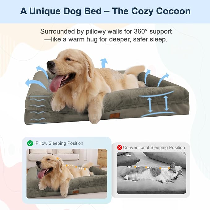 Medium Orthopedic Dog Beds, Large Waterproof Dog Bed with Removable Cover, 4-Sides Bolster Support Pet Soft Sofa, Washable Pet Beds for Large Dogs, Olive Green