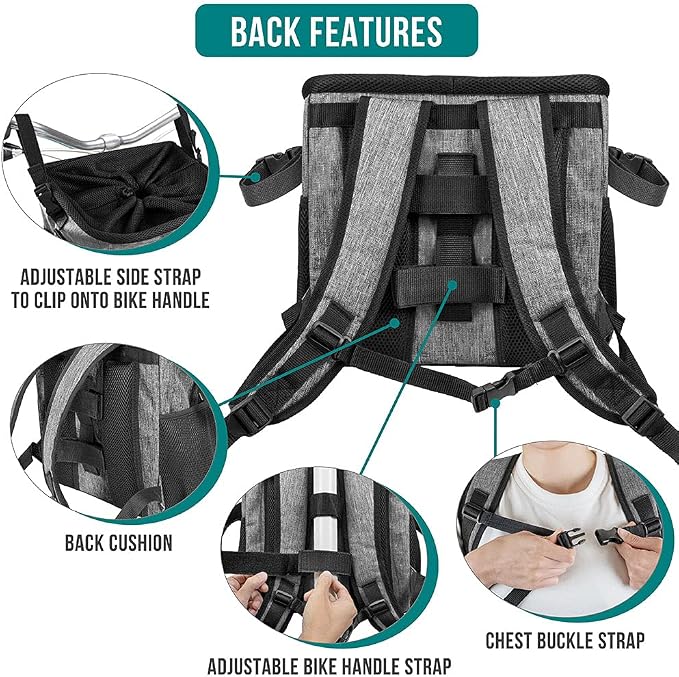 PetAmi Dog Bike Basket, Soft-Sided Ventilated Dog Bike Carrier Backpack, Pet Bicycle Basket for Bike Handlebar, Small Medium Puppy Cat Kitten Car Booster Seat with Safety Strap, Max 18 lbs, Gray