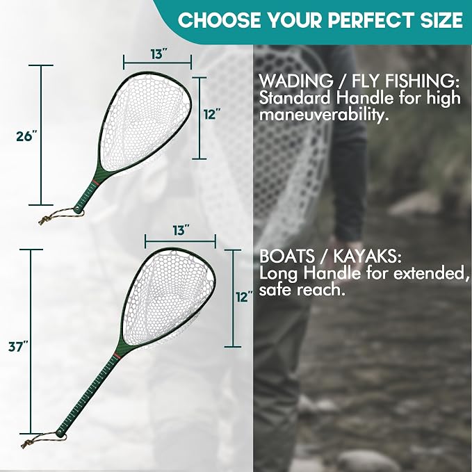 Riverruns Fly Fishing Landing Net Carbon Fiber Trout Net with Measurement Handle, Soft Rubber Mesh - 26" Standard (Wading) / 37" Long (Kayak)