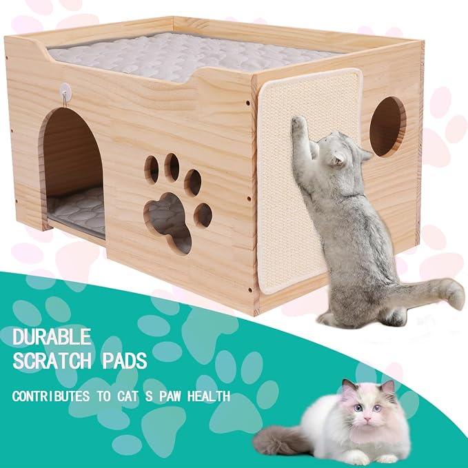 Large Wooden Cat House for Indoor Cats- Cat Scratcher House, Sturdy Cat Playhouse Cat Bed Cave,Cat Scratchers with Sisal Scratching Board, Wooden Cat Condos, Cat Cubes, Cat Hideaway