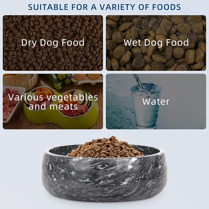 Marble Dog Bowl, Natural Stone Weighted Spill Proof Pet Food Water Container, Non-Slip Easy to Clean, Small Size for Small and Medium Dogs (Dark Grey, Medium)