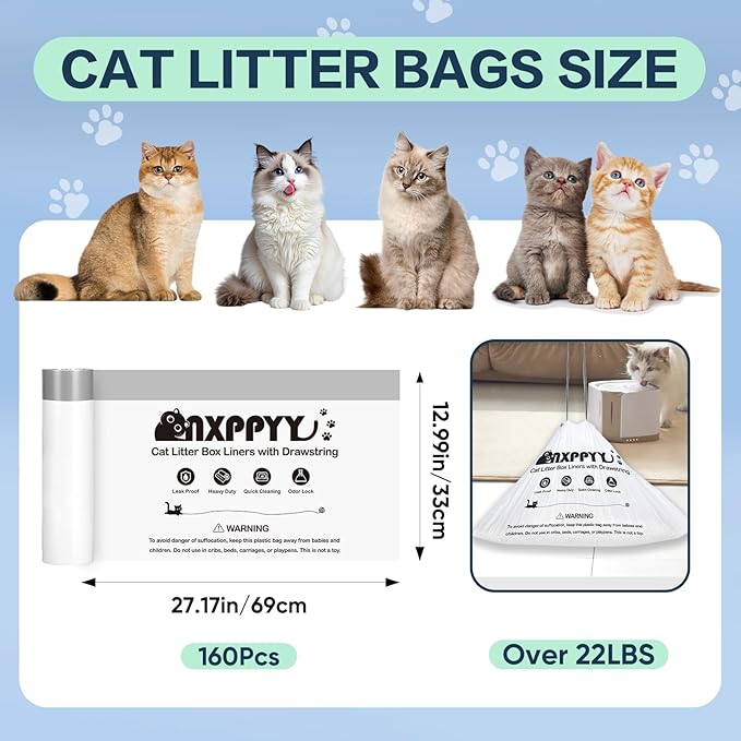 160 Count Cat Litter Box Liners for Litter Box Robot 4/5 | 10-12 Gallon, Heavy Duty, Drawstrings, 25.19" x 15.7"