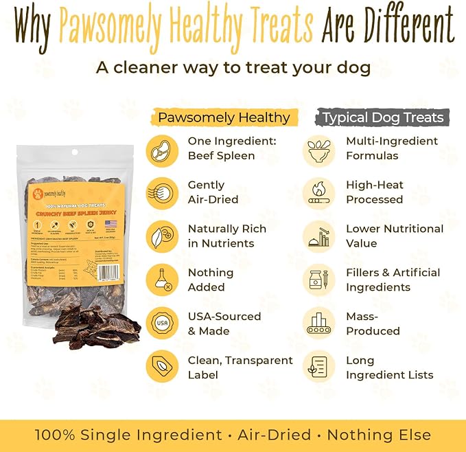 Pawsomely Healthy Beef Spleen Dog Treats – 100% Single Ingredient Air-Dried Jerky – No Fillers or Additives, Grain-Free – Rich in Iron & B12 – Made in USA, 3 oz