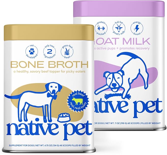 Native Pet Beef Bone Broth Powder for Dogs (48 Servings) & Goat Milk Powder for Dogs (60 Scoops) - Organic Goat Milk to Support a Healthy Digestive System and Beef Bone Broth Protein Rich Supplement