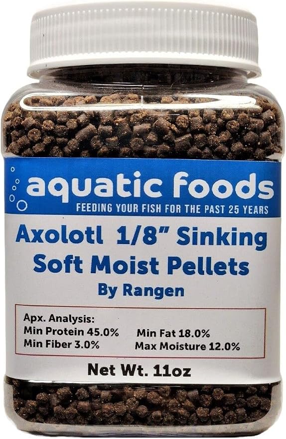 Axolotl Food 1/8" Soft Moist Sinking Salmon Pellets for Juvenile Axolotl Also Shrimp, Snails, Crabs, Crayfish, Bottom Tropical Fish..11oz Small Jar