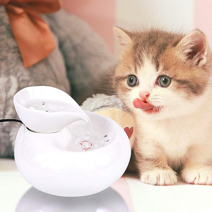 Ceramic Cat Drinking Water Fountain, 1.3 Liters Pet Water Fountains for Cats and Dogs, Electric Pet Water Dispenser with Quiet Pump and 5 Replacement Filters - White Leaf Style