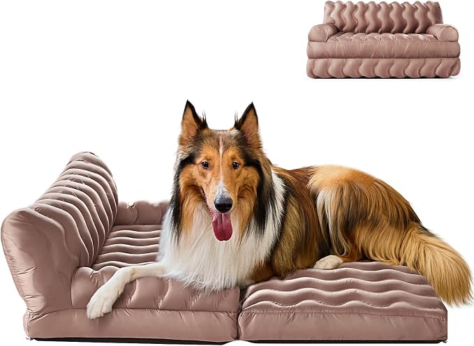 Orthopedic Memory Foam Dog Sofa Bed, Foldable Pet Couch Bed, Cooling Fabri & Removeable Cover, Beige,30"x40"x16"