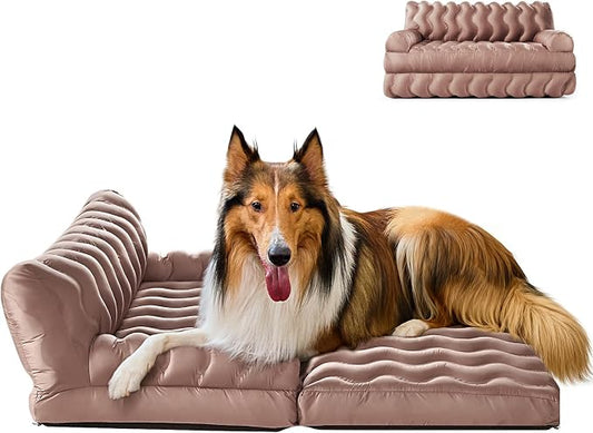 Orthopedic Memory Foam Dog Sofa Bed, Foldable Pet Couch Bed, Cooling Fabri & Removeable Cover, Beige,30"x40"x16"